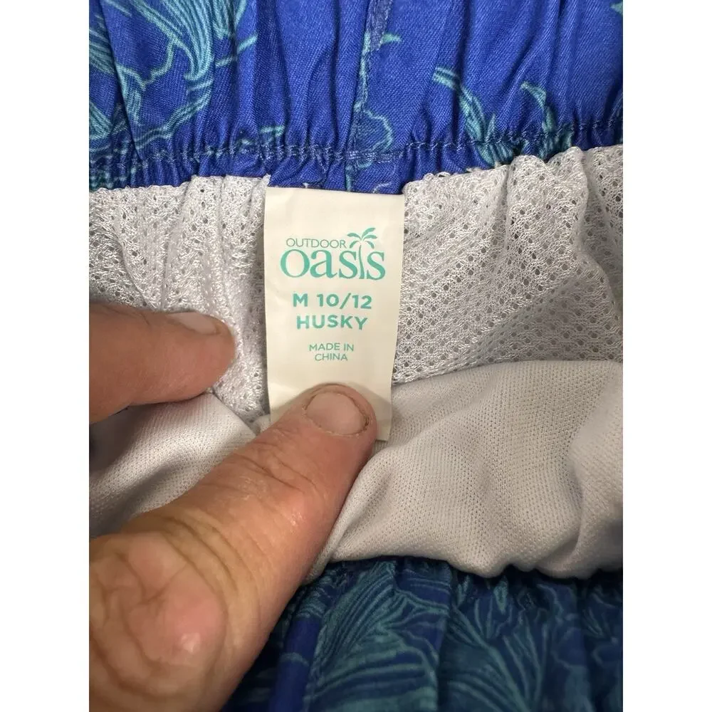 Outdoor Oasis Boys Husky 10/12 Blue Tropical Palm Swim Trunks Cargo